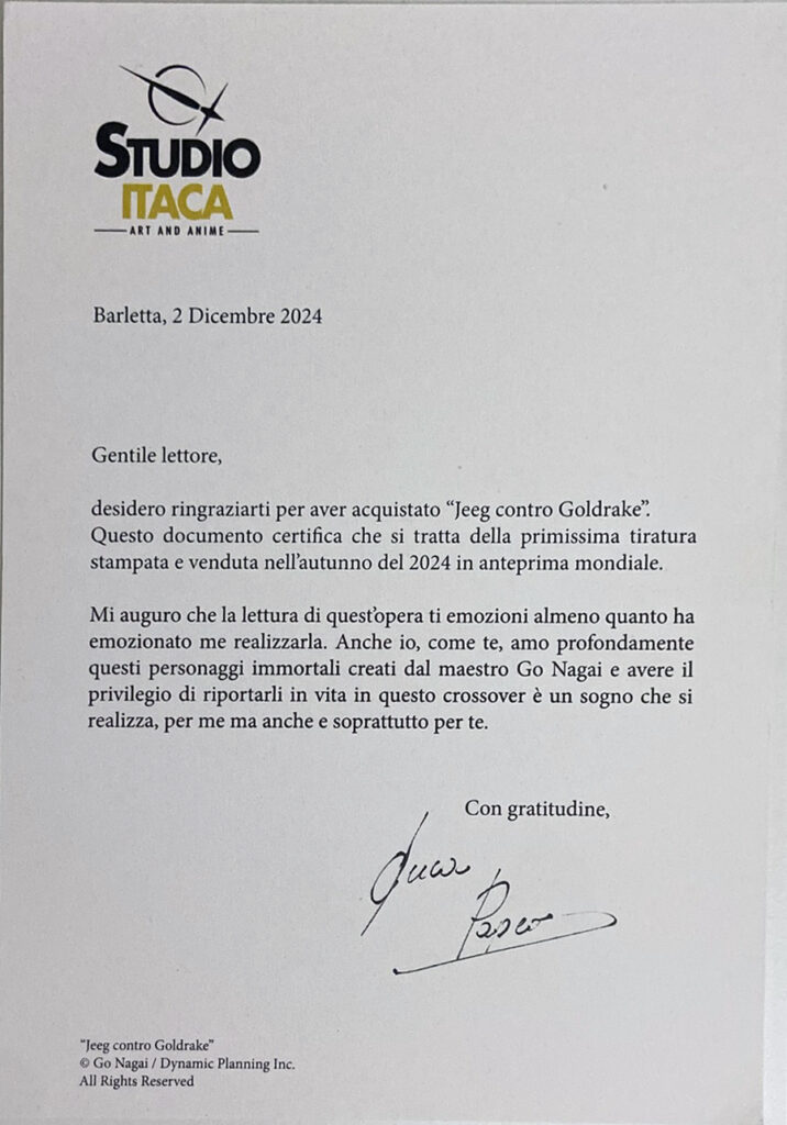 رسالة من لوكا بابيو مؤلف ورسام كوميكس جيج ضد جريندايزر